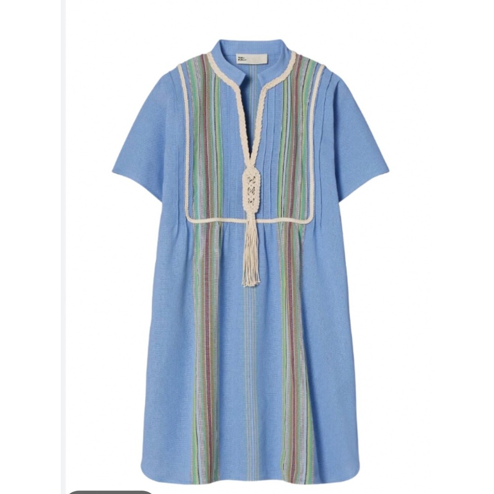 Tory Burch Blue Striped Cotton Tunic Dress XL Pintuck Tassel Short Sleeve Boho